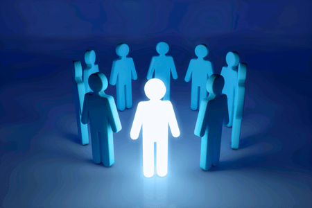 figures of individuals with blue background and one lit up person